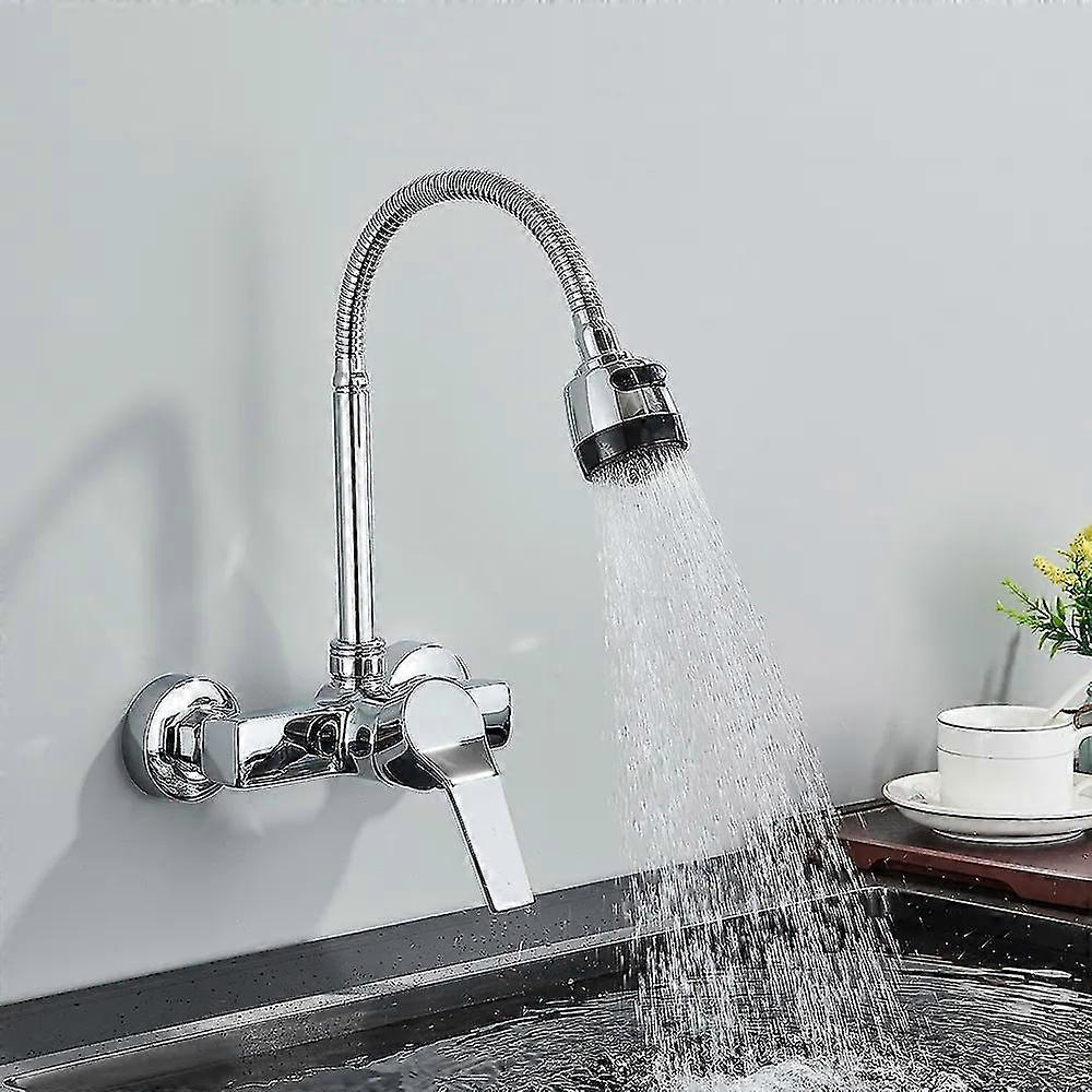 High qualityChrome Wall Mounted Dual Hole Kitchen Faucet Lead Free Hot Cold Water Mixer Tap Stream Spray Bubbler 360 Rotation Flexible Pipe