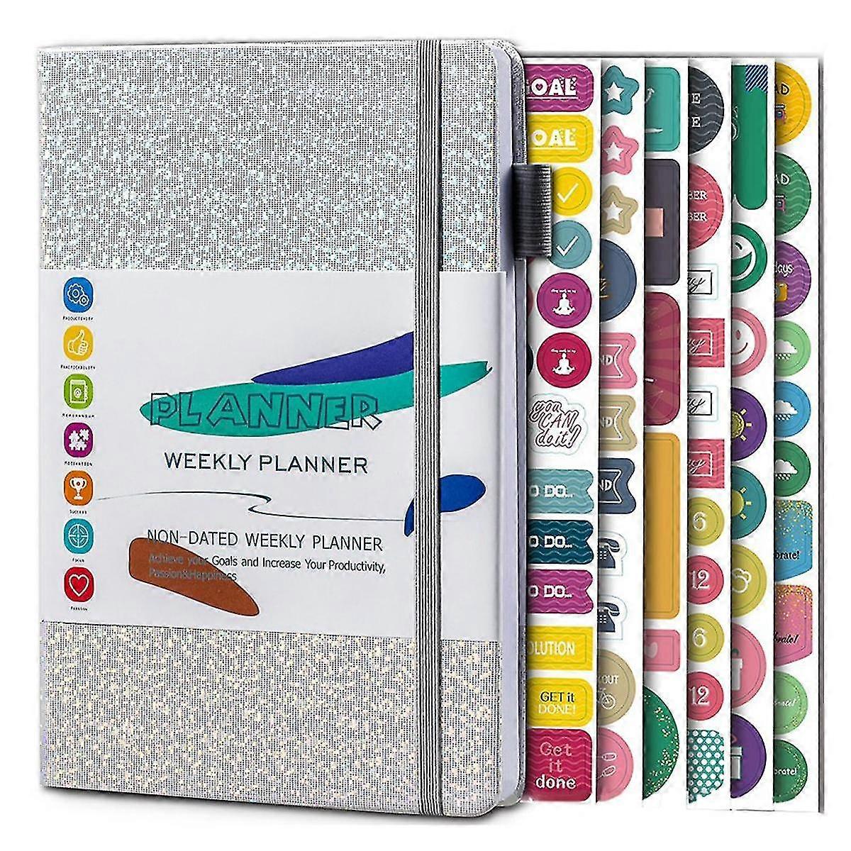 A5 Notebook Paper Diary Notebook with Elastic Strap and Journal Stickers Silver