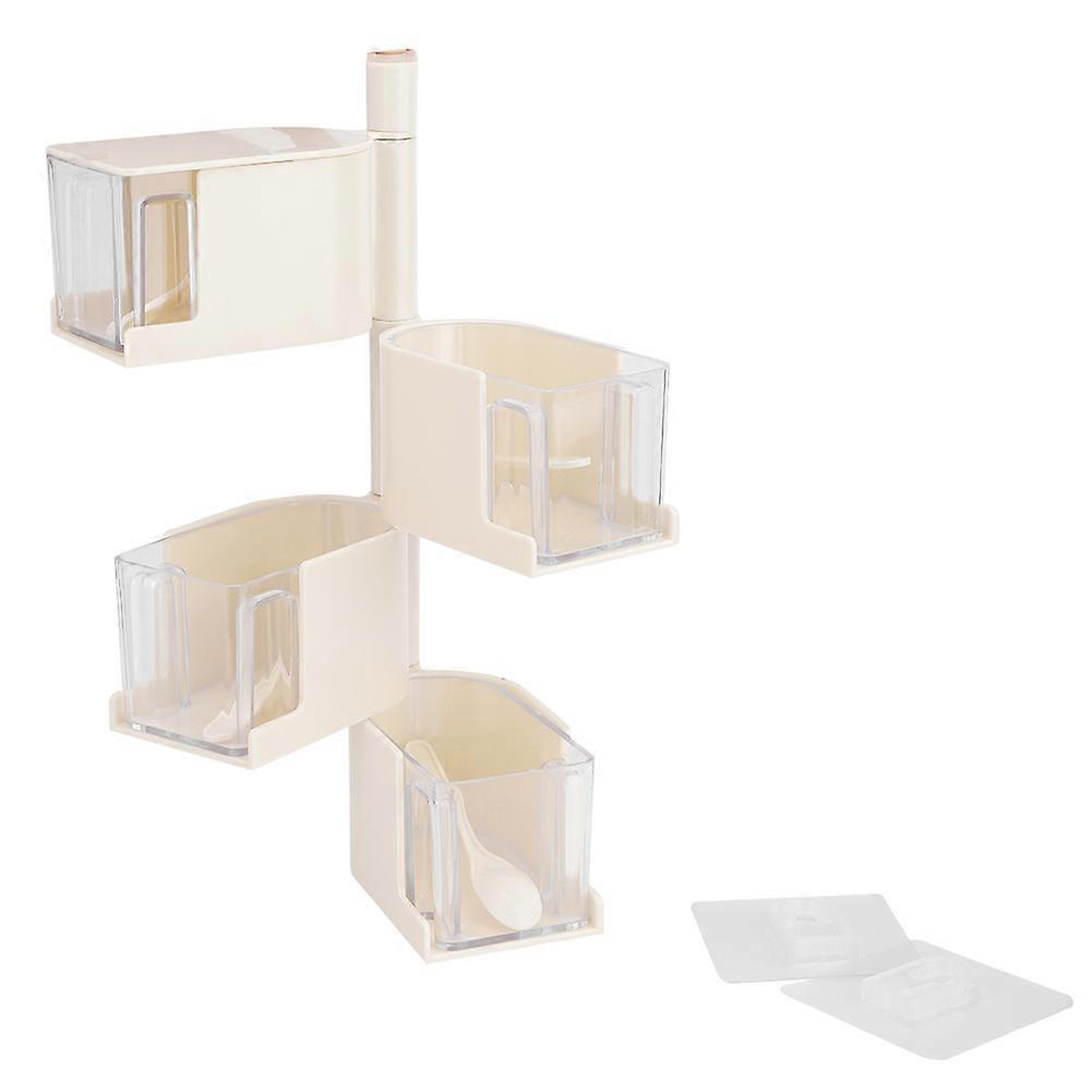 Wall Mounted Rotatable Seasoning Box Spice Rack Organizer Condiment Container With Spoon(Beige)