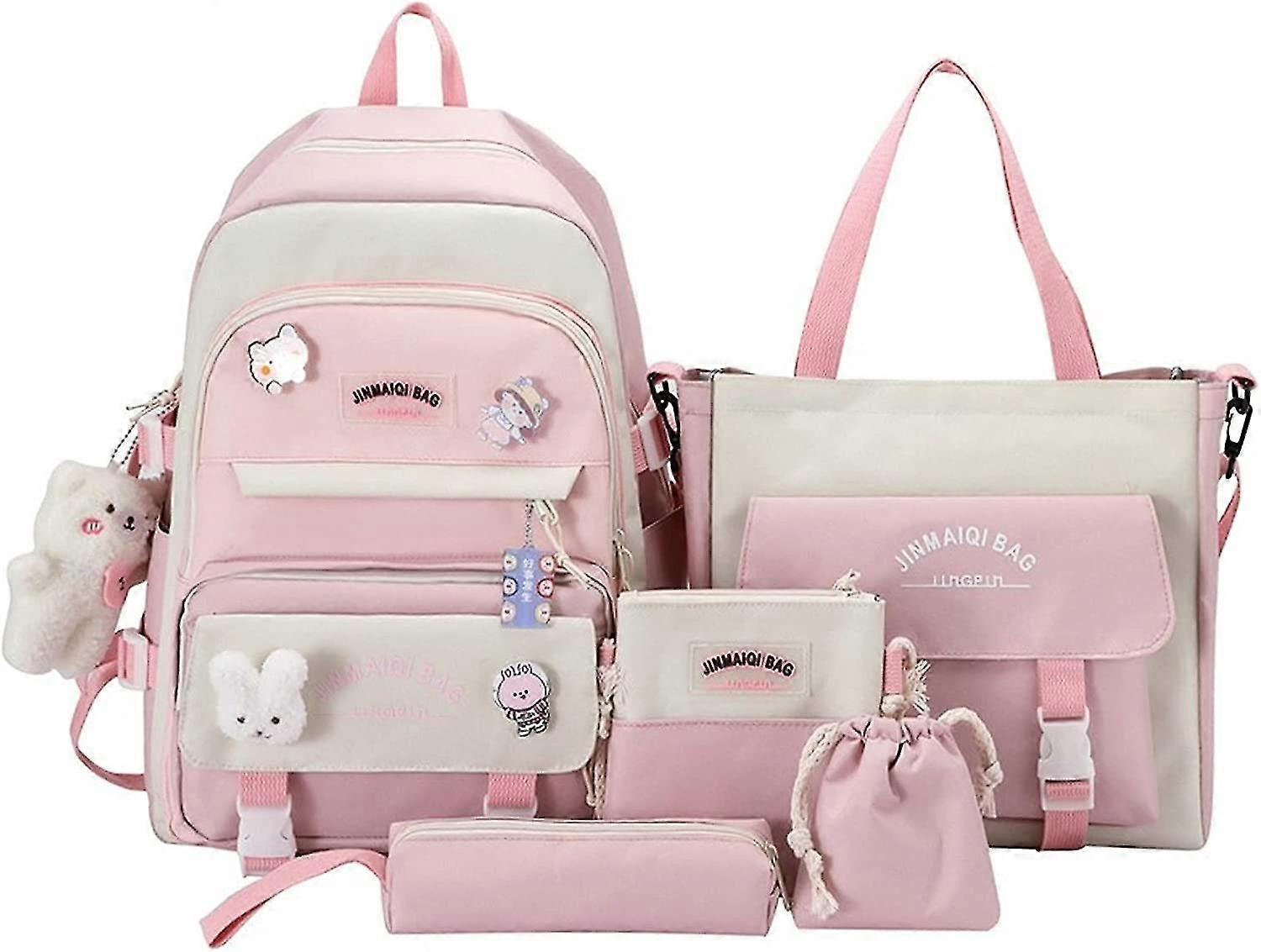 5pcs Kawaii Rucksack Set mit Bär Anhänger, Back To School Supplies, Nette Bunny Pins Große Canvas Schultasche mit Tote Bag (rosa)