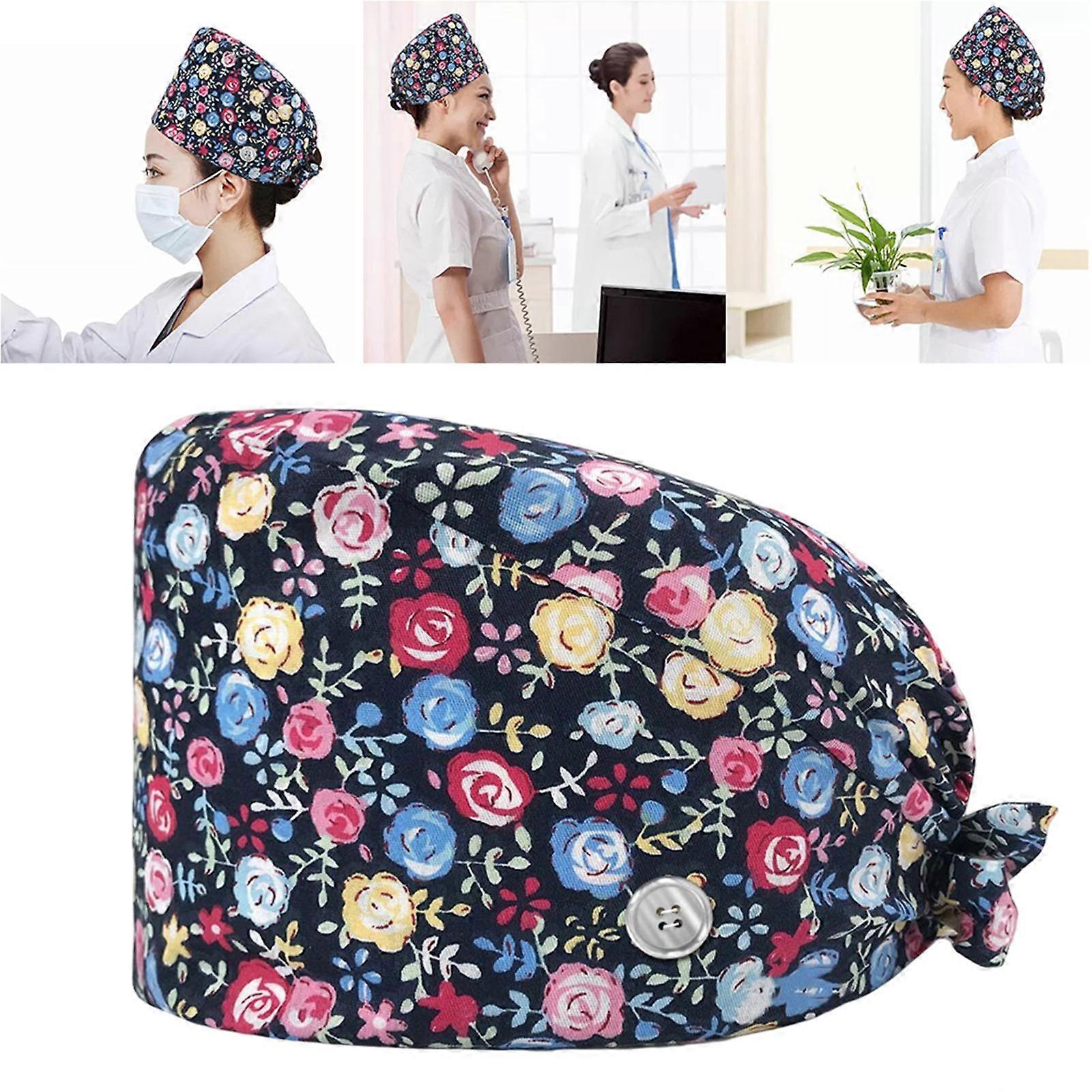 Scrub Caps with Buttons, Tie Back Hats for Women Men, Unisex Working Caps, Bouffant Caps , Monstera