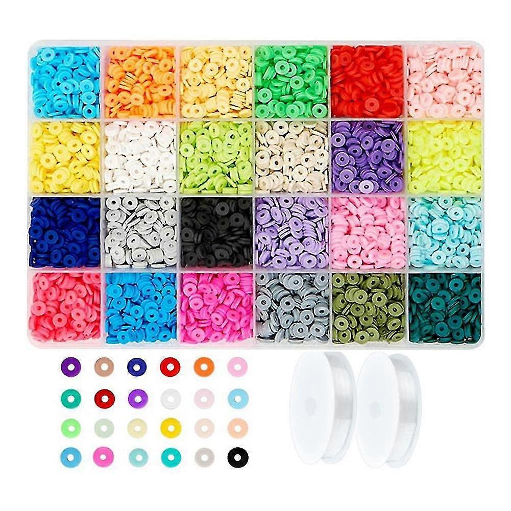 Clay Beads,6mm Flat Round Polymer Beads with Elastic and Container Box Jewelry Making for Necklace