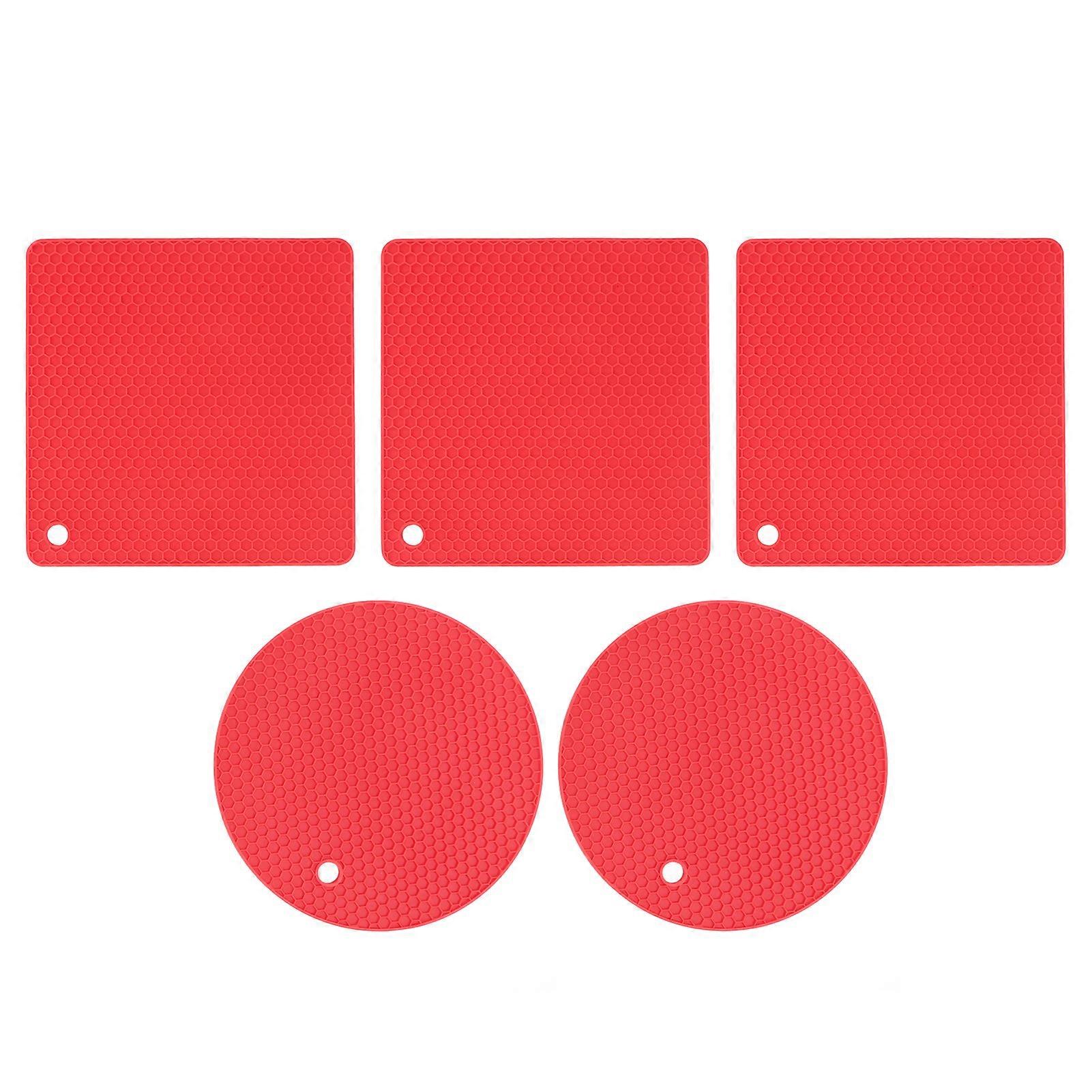 5 PCS 2 Round 3 Square Silicone Honeycomb Mat Multipurpose Hot Pads for Hot Dishes Tables Red(YMCAT)