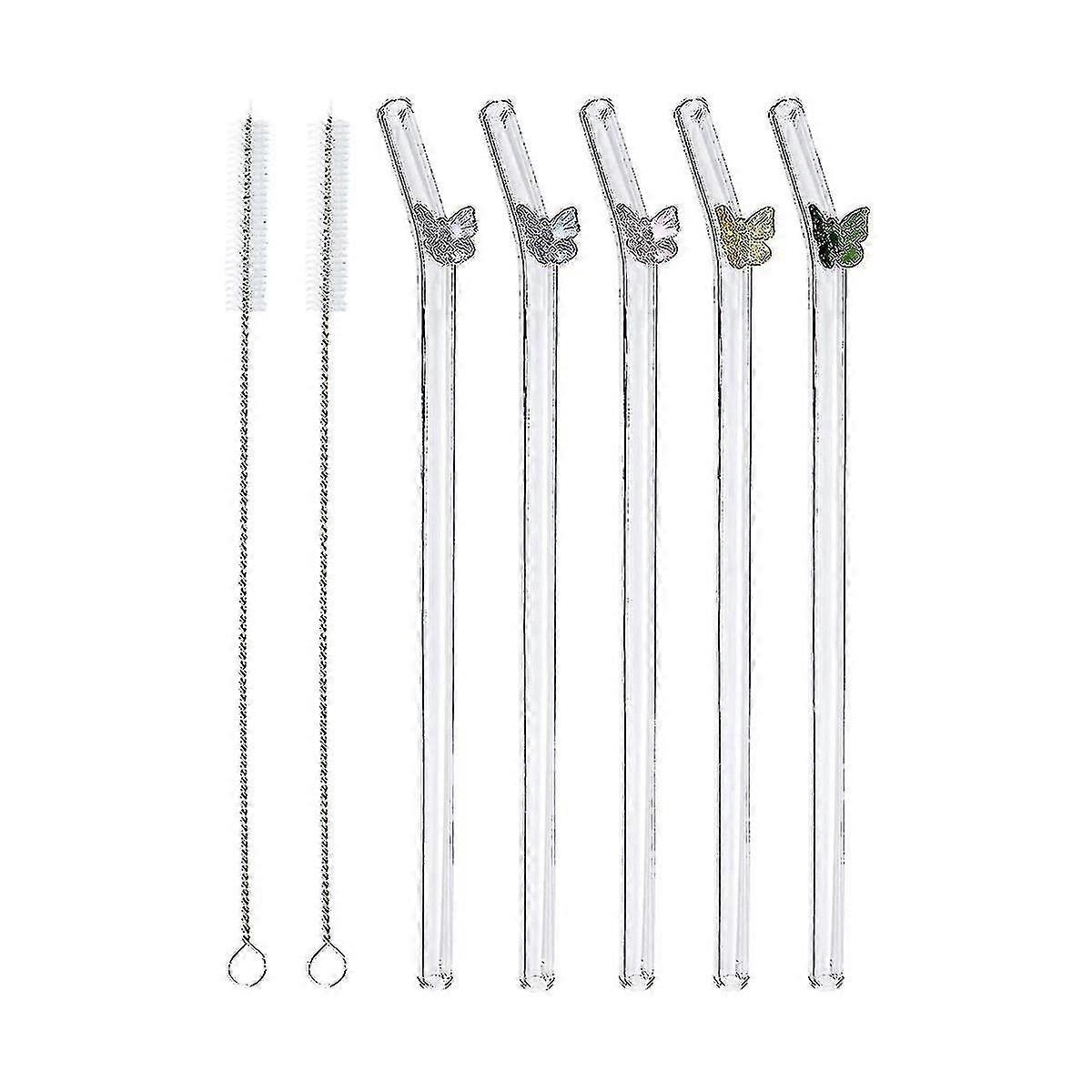 5 Pcs Reusable Glass Straws,colorful Butterfly On Clear Straws With Design Shatter Resistant Bent D Xxf