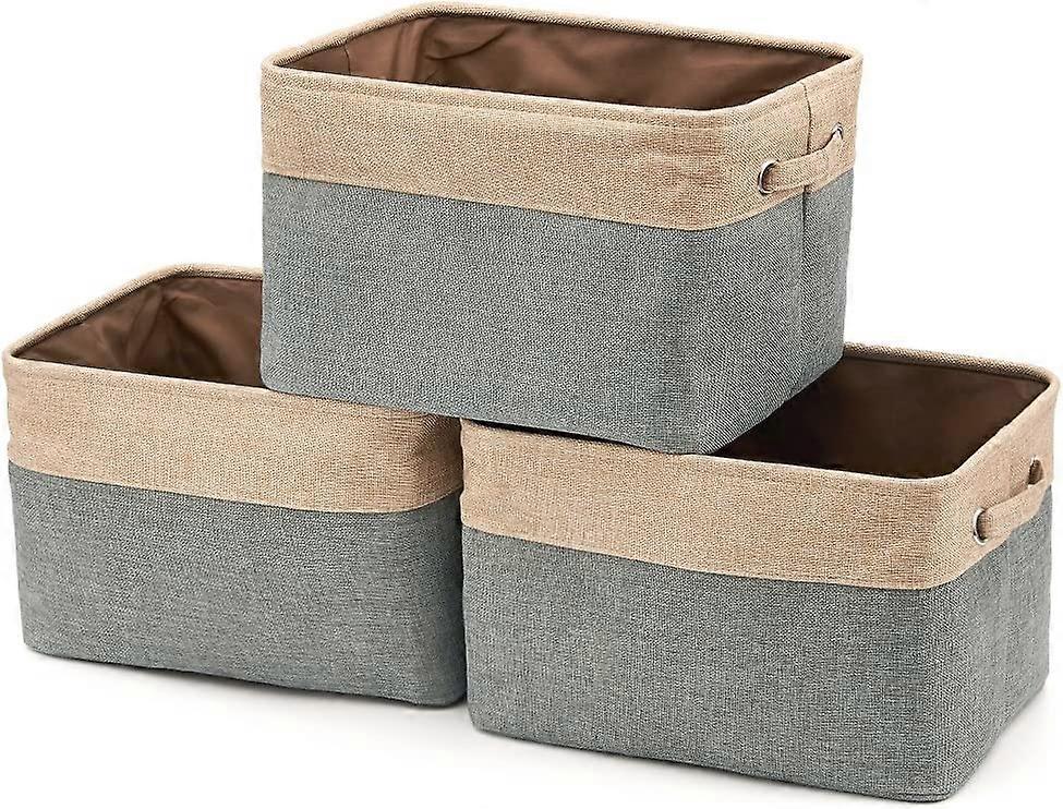 Foldable Cotton Jute Storage Box With Handle, Laundry Hamper, Storage Cabinet For Wardrobe, Dressing Room, Wardrobe - Set Of 3, Gray And Beige