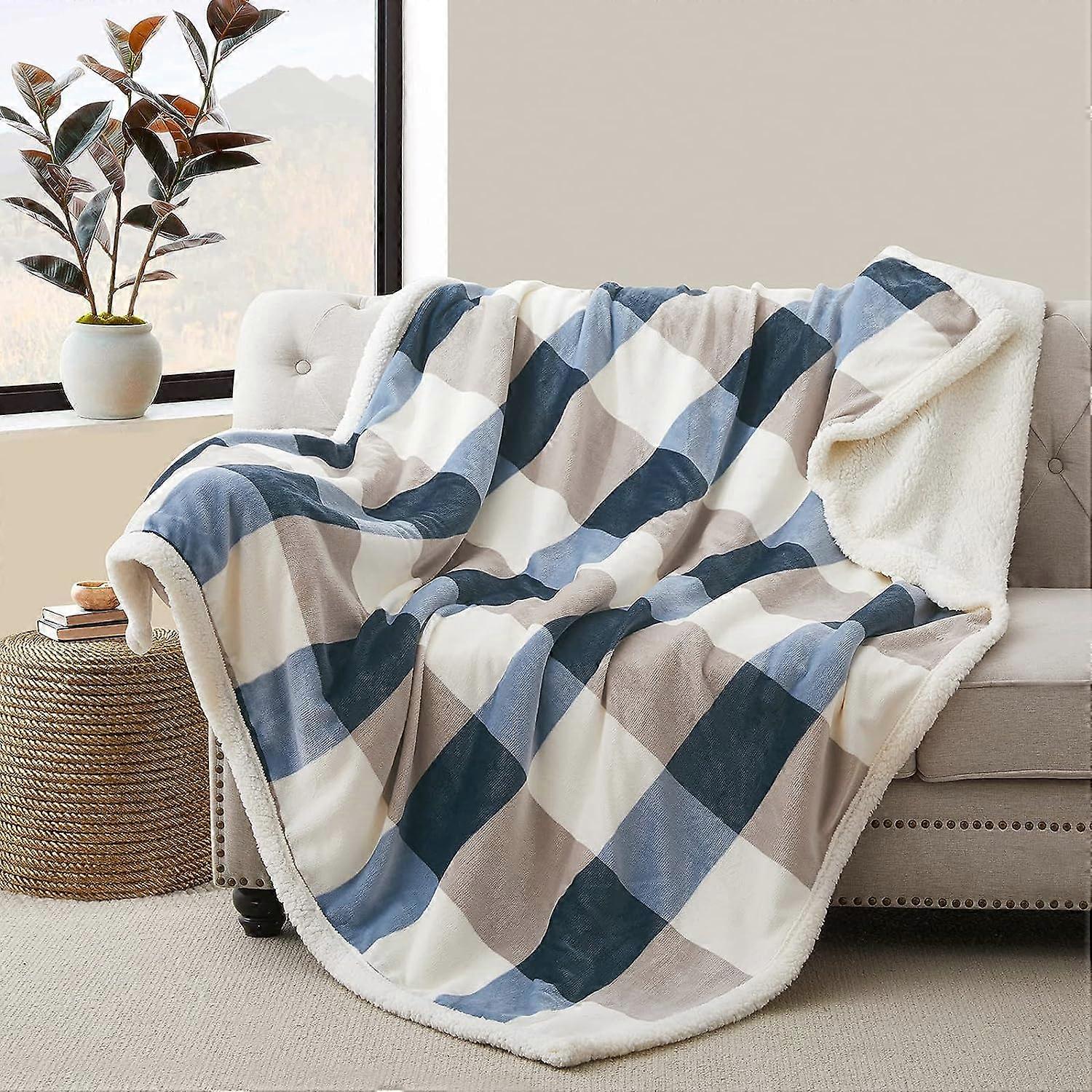 Sherpa Throw Blanket 60x80, Plaid Warm Cozy Throw Blankets for Sofa, Couch, Bed, Reversible Throws Fluffy Plush Flannel Fleece Blankets and Throws for