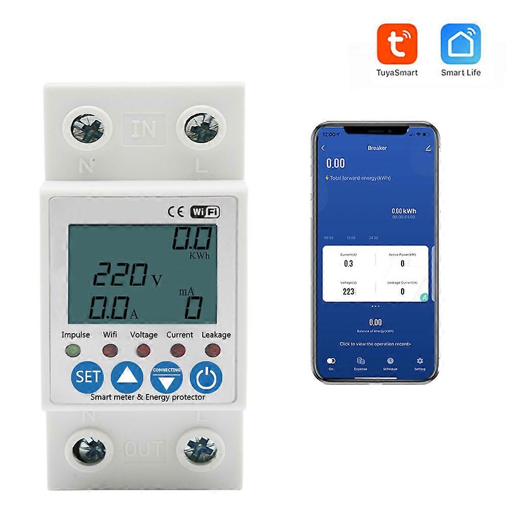 2P 63A TUYA APP WiFi Smart Circuit Earth Leakage Over Under Voltage Protector Relay Device Switch Breaker Energy Power kWh Meter