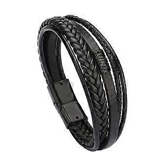 Bracelet Tabby trois rangs tresse noir et centre marron en cuir et acier inoxydable pour homme - Bi