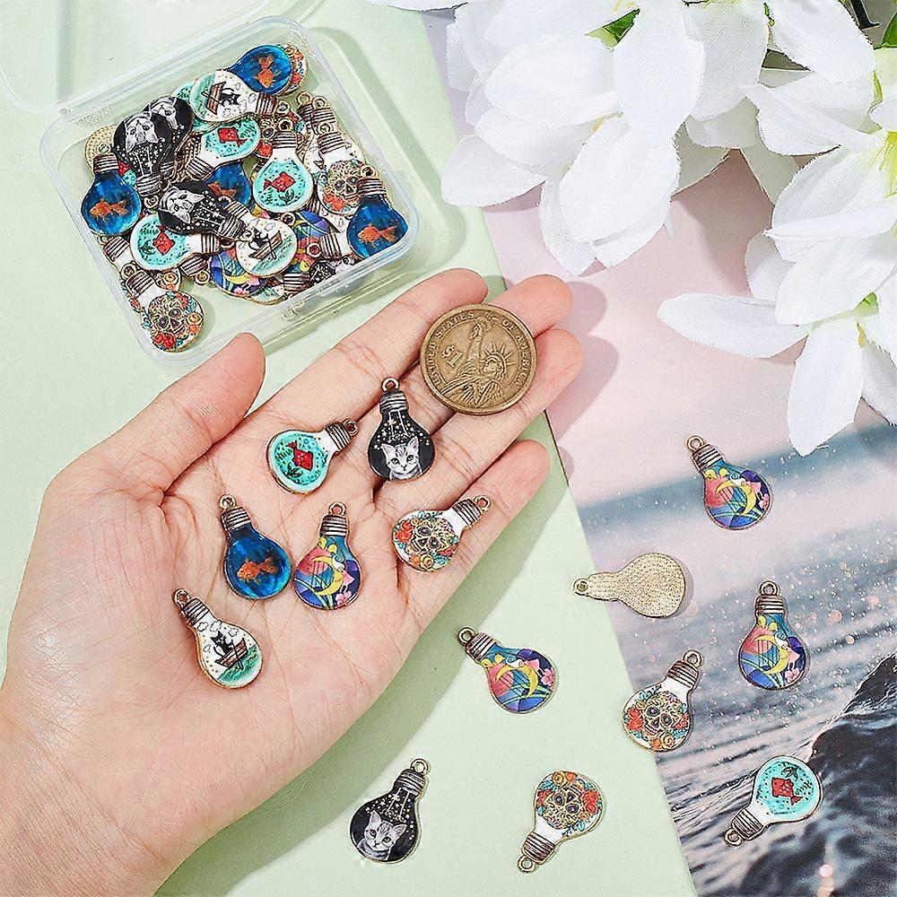48Pcs 6 Style Alloy Enamel Pendants Light Gold Bulb Charm Mixed Patterns 25x15x1.8mm Hole: 1.8mm 8pcs/style