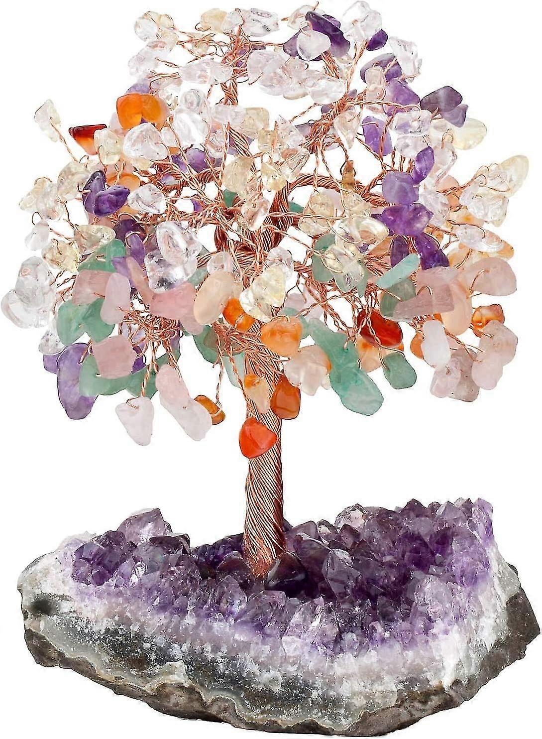 Natural Rose Quartz Aquamarine Amethyst Crystal Tree With Amethyst Cluster Crystal Base Money Tree Figurines Feng Shui Desk Decoration, Meditation