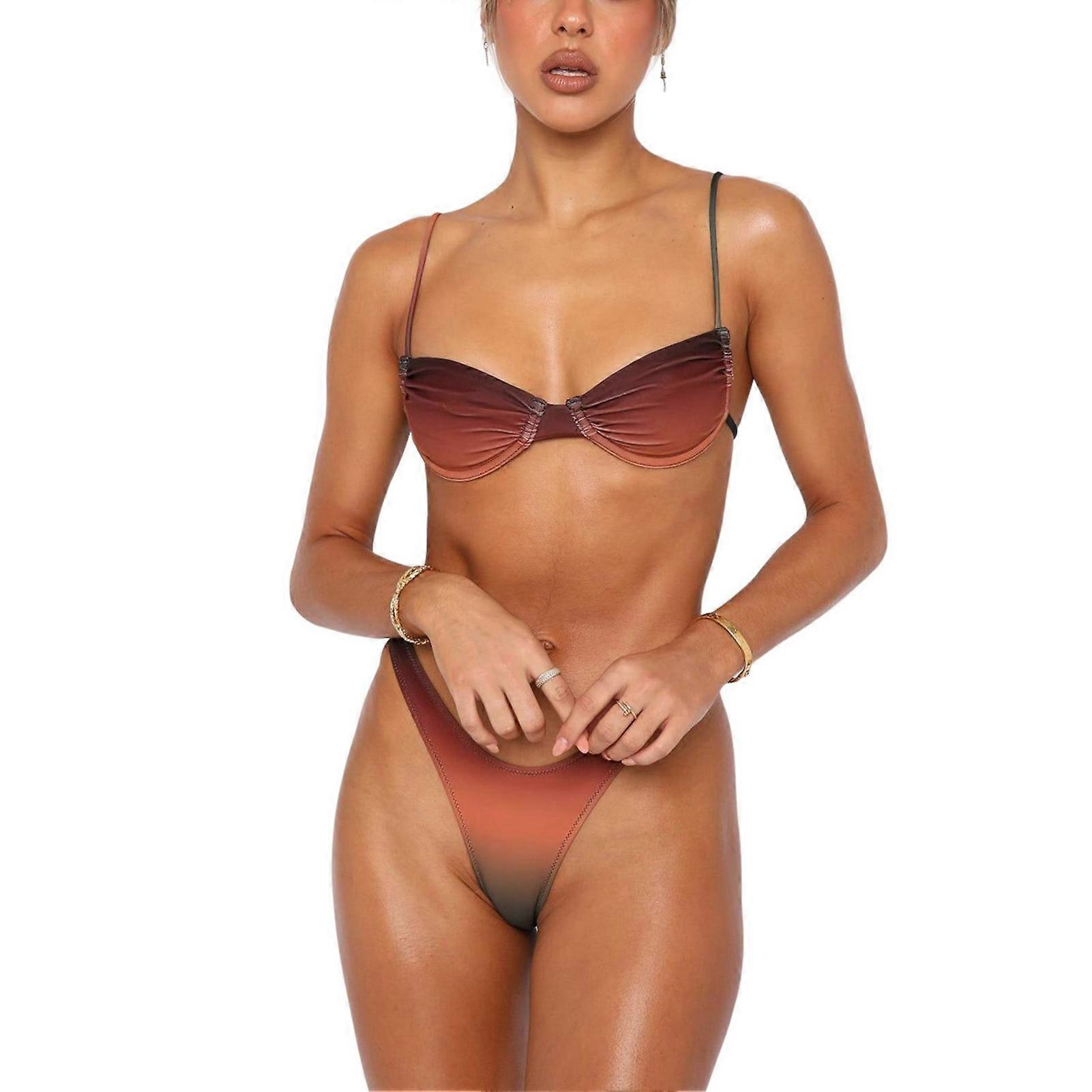 2 Pieces Bikini Set Spaghetti Strap Elastic Fashionable Breathable Blackless Ruched Triangle Bikini Set Brown L