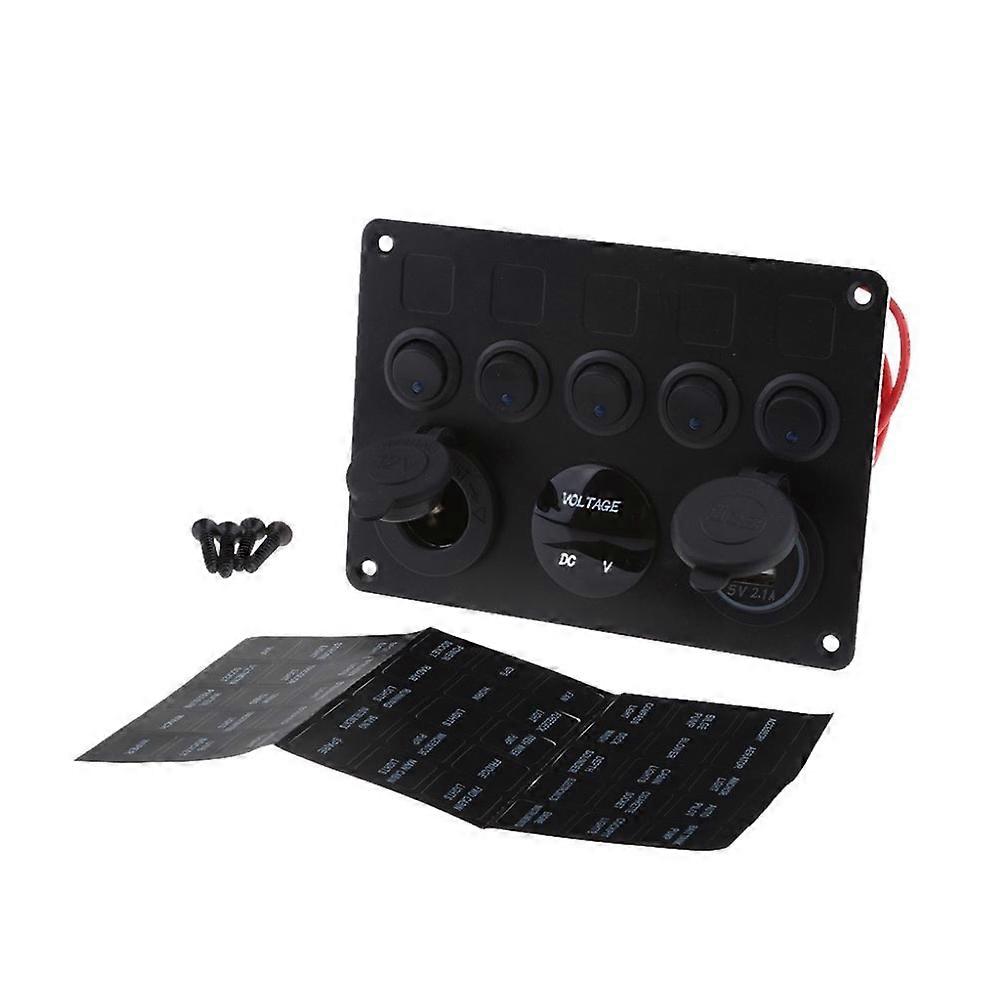 12V/24V Inline Fuse Box LED Rocker Switch Panel 5 Gang Marine Boat Rocker Switch Panel with Dual USB