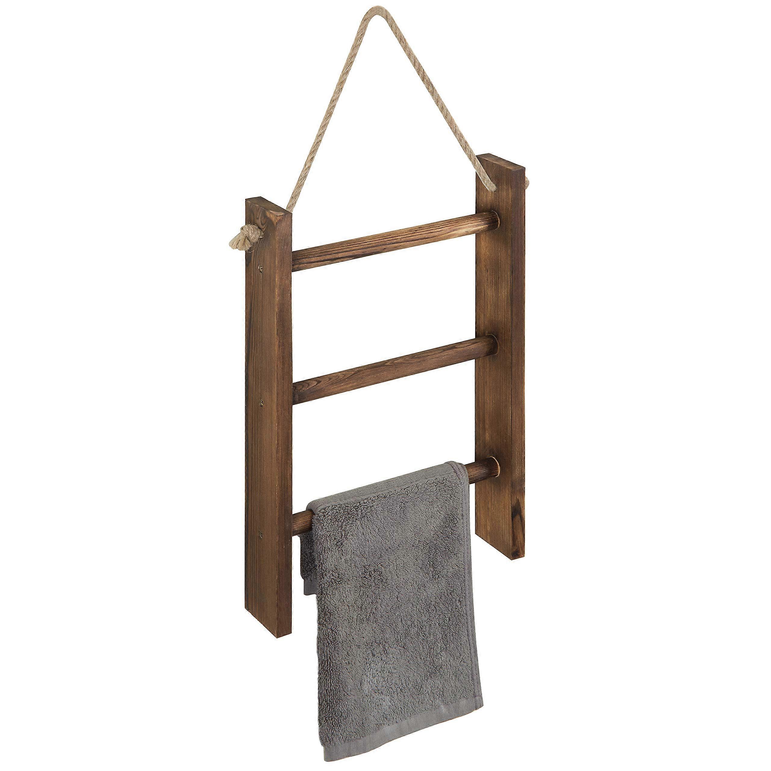 Rustic Dark Brown Wood Towel Ladder Rack for Bathroom Storage, 3-Tier Design, Stylish Organizer, Durable Material