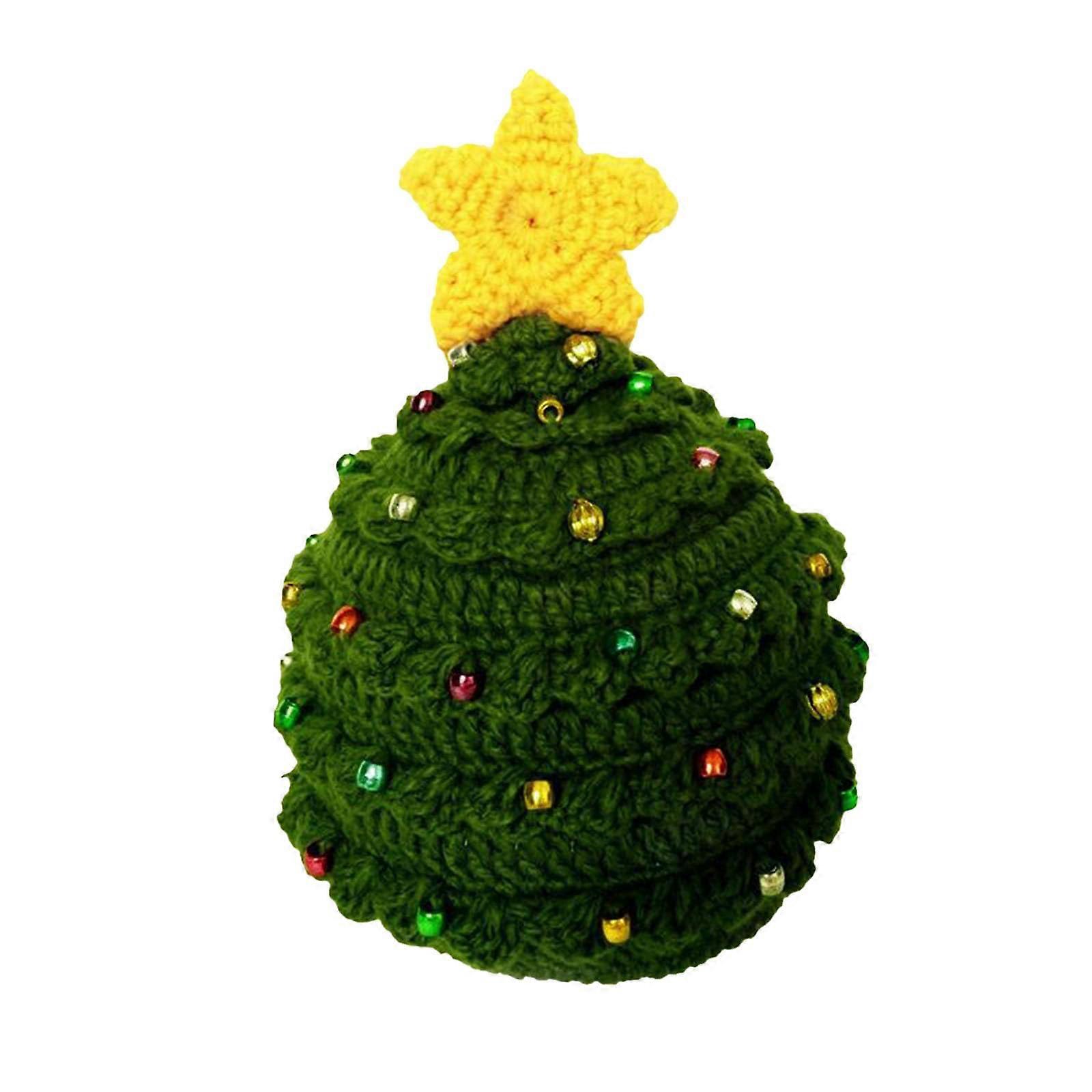 Unisex Winter Christmas Knitted Beanie Hat with Beard, Green Crochet Cap with Stars, Warm Knit for Adults and Kids