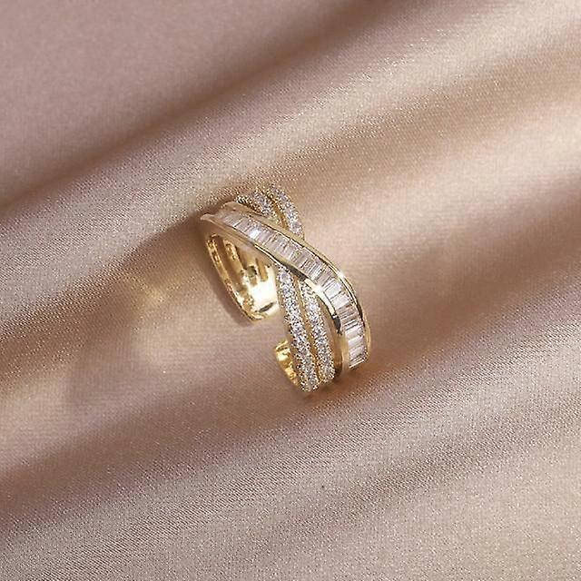 Anel de zircônia cruzada com design coreano, joia fashion banhada a ouro 14K, elegante, feminino, com abertura ajustável