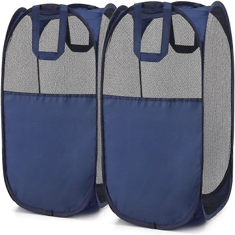 Pop-Up Hamper, sammenleggbar pop-up mesh hamper med forsterkede bærehåndtak, klesvask mesh kurv blå, pakke med 2