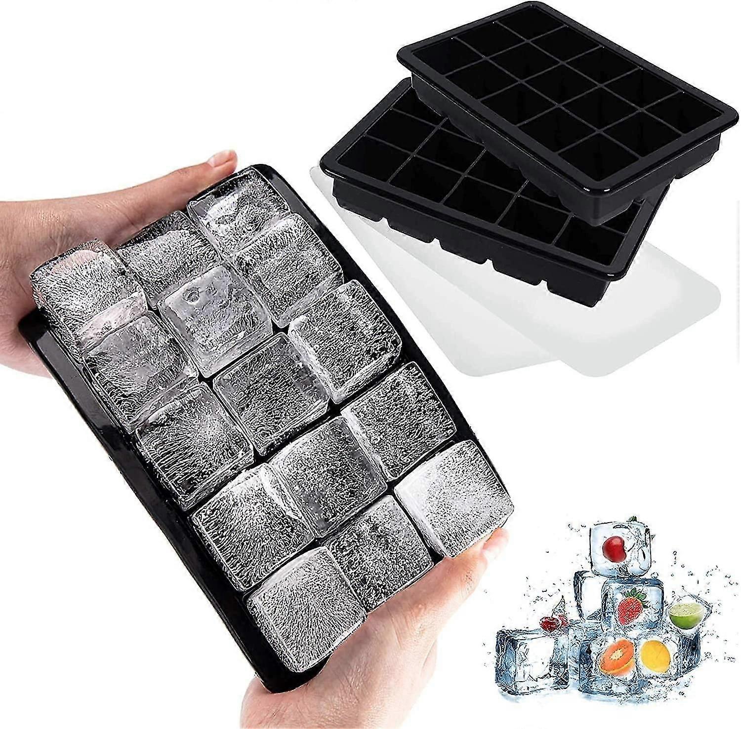 15 Compartment Ice Cube Tray, Set of 2 Large Silicone Ice Cube Trays with Lid, Stackable and Space-S