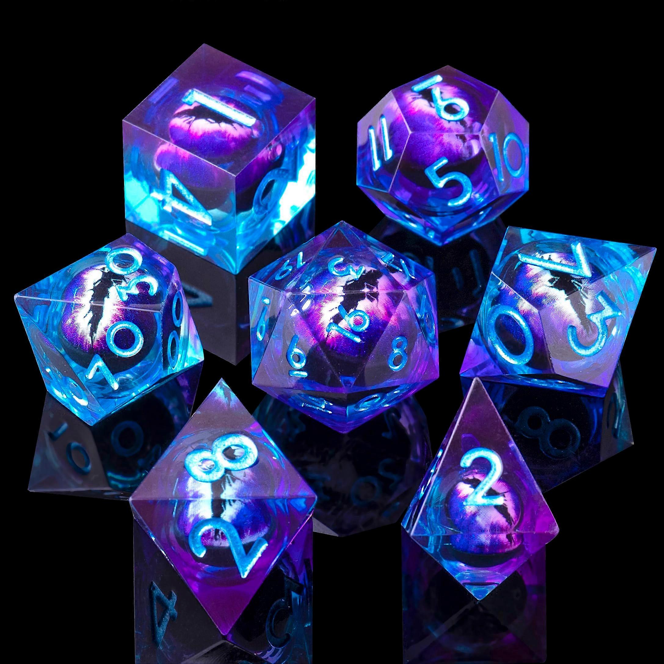 Beholder'S Eye DND Dice Dragon Eye Liquid Core Sharp Edge Handmade Dice Set(Blue Purple)