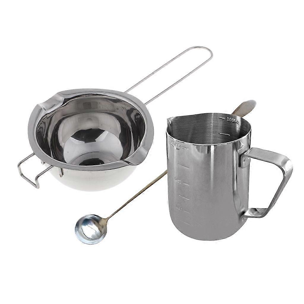 3 stykker smeltedigel i rustfritt stål og skje med langt håndtak