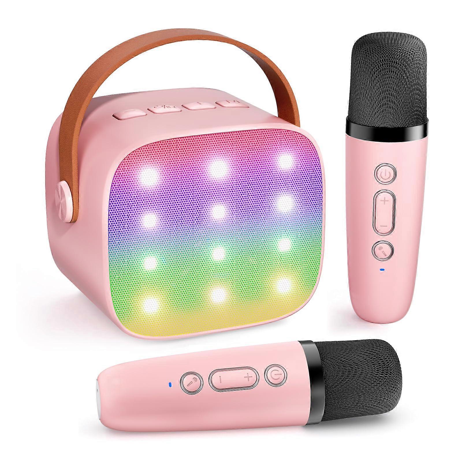 Mini Karaoke Machine for Kids, Bluetooth Speaker with 2 Mics, LED Lights, Gift Pink