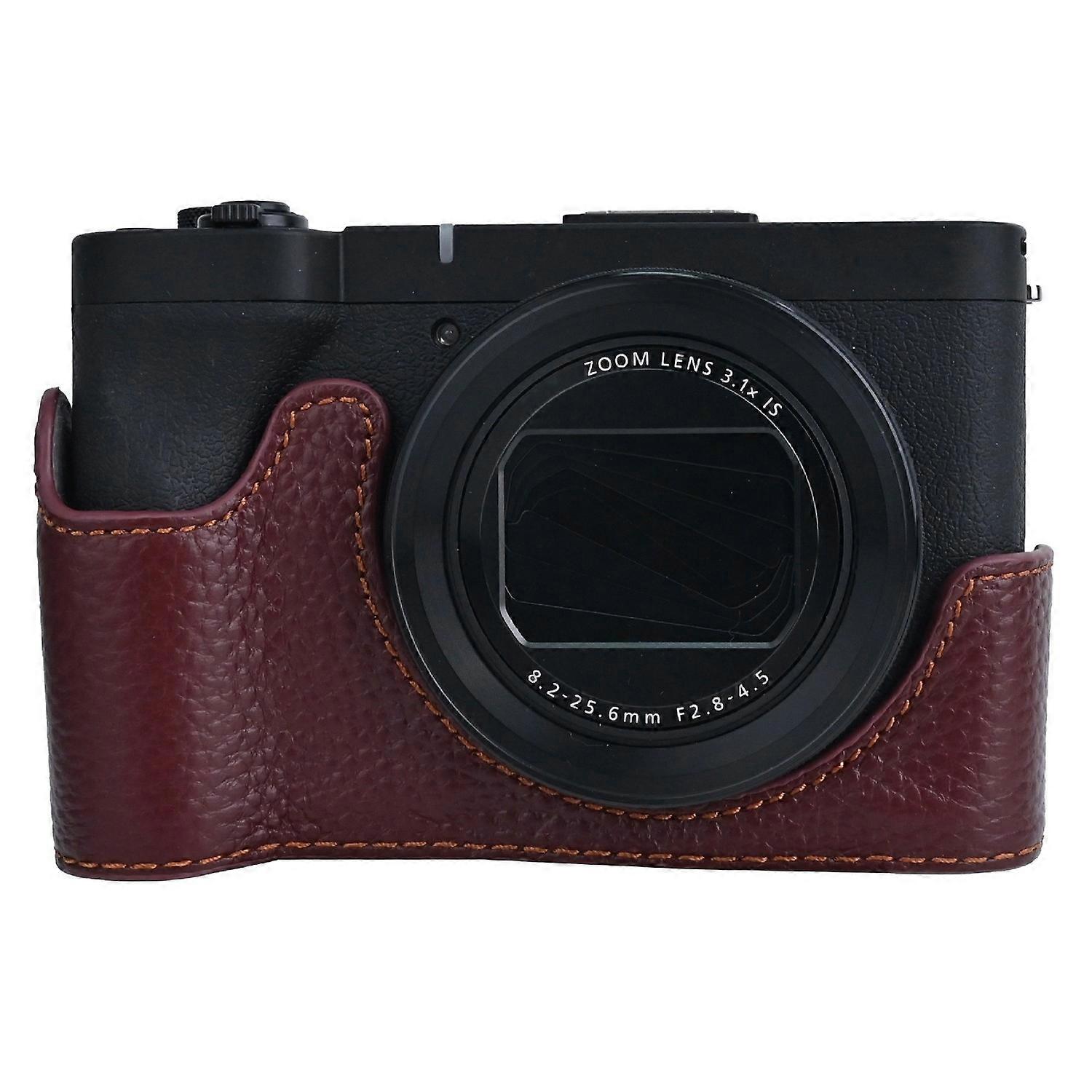 For Canon PowerShot V1 Camera Case Genuine Cow Leather Protective Cover - Coffee
