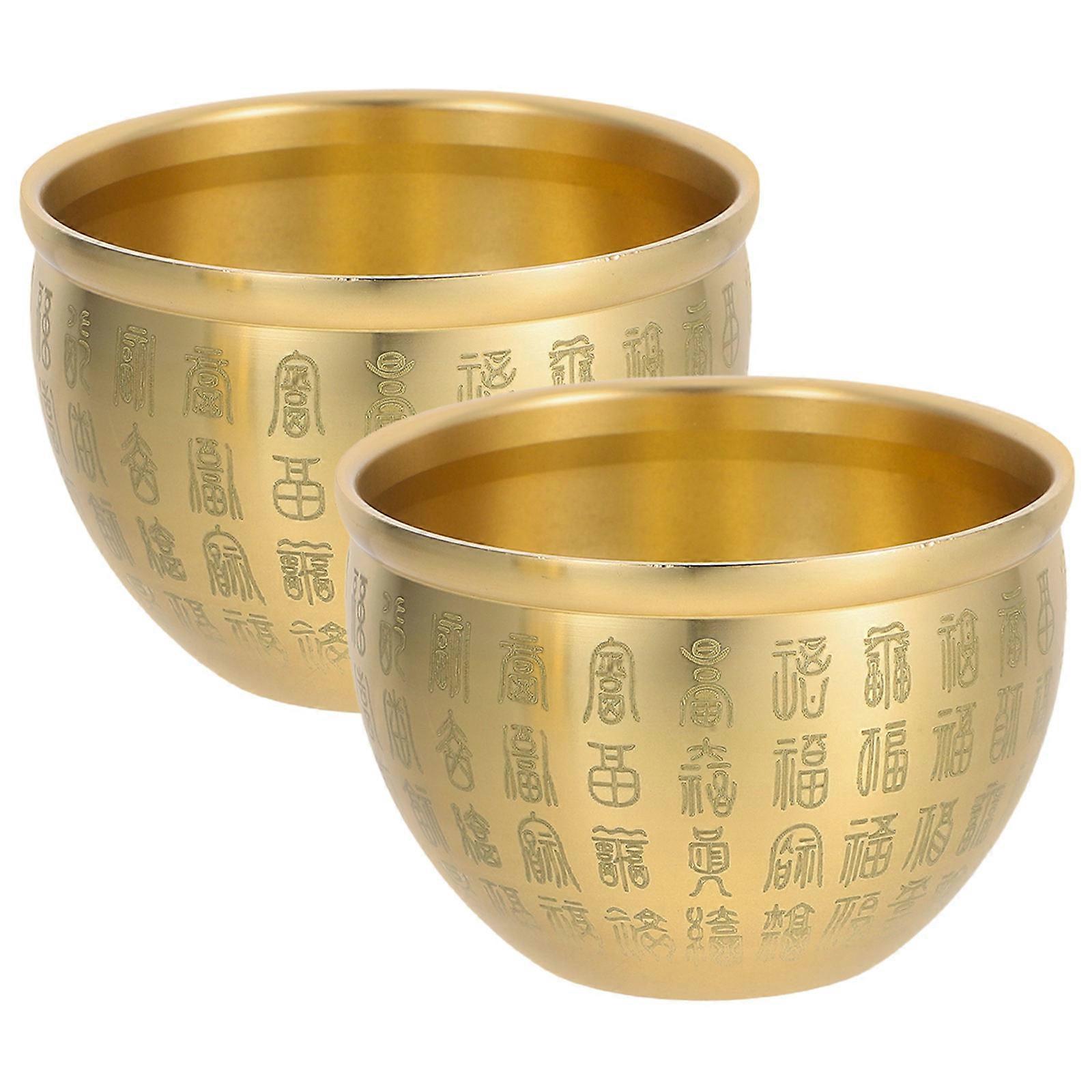 2pcs Dough Bowl Wealth Basin with Fu Character Engraved Home Desktop Ornament for Luck and Prosperity