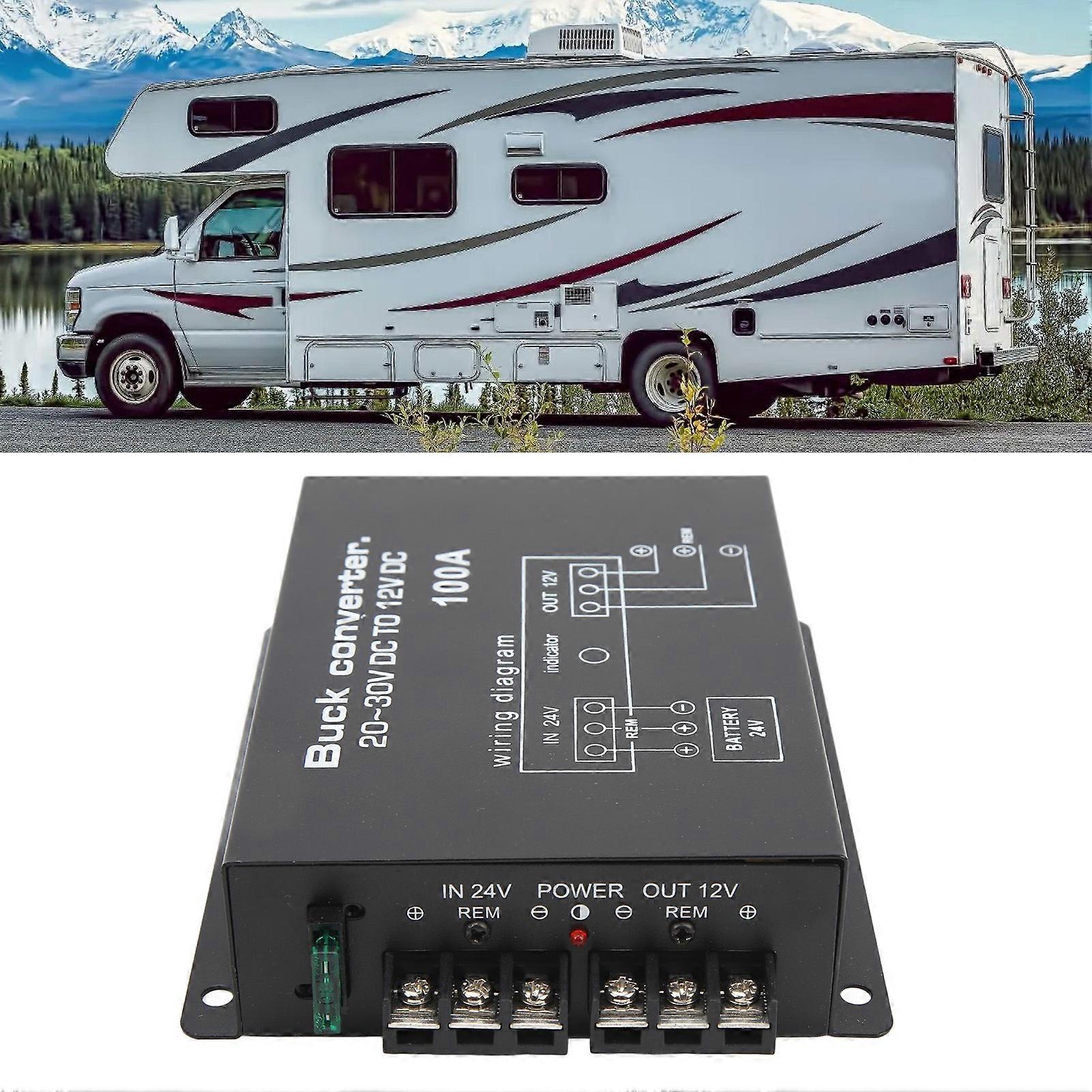 Svart bilströmomvandlare 100A höghållfast övertemperaturskydd DC 24V till 12V omvandlare för bilkylskåp 