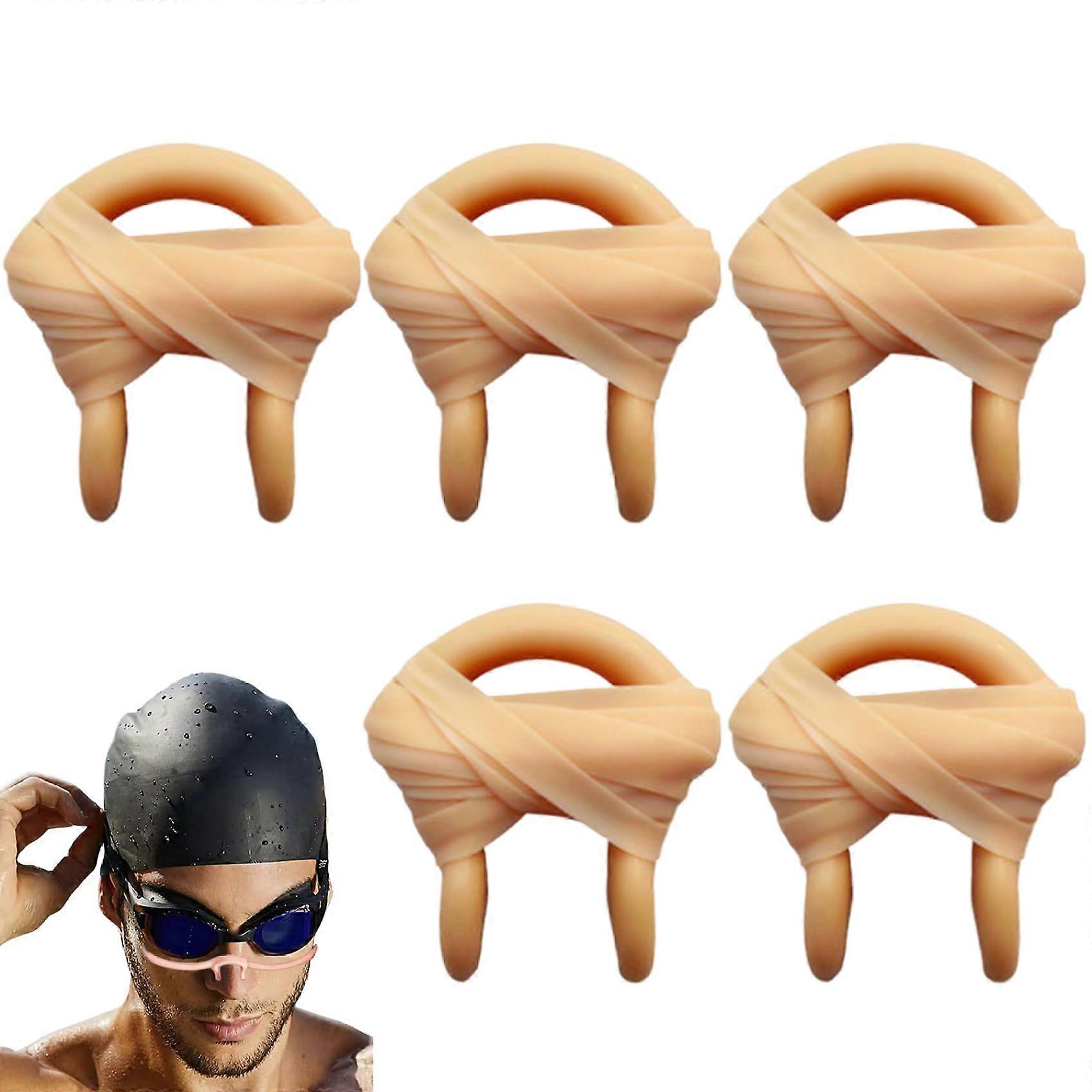 Nose Plugs for Swimming with String - 5 Silicone Nose Clips for Kids and Adults, 0.8 x 1 Inch, Skin Color, Portable Training Accessory