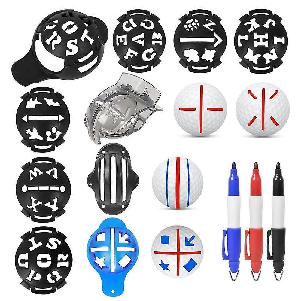 Golf Ball Marker, 12 Pieces Golf Ball Line Drawing Marking Alignment Kits, 6 Stencils, Golf Ball Coating, 3 Balls, 3 Golf Ball Marking, Alignment Tool