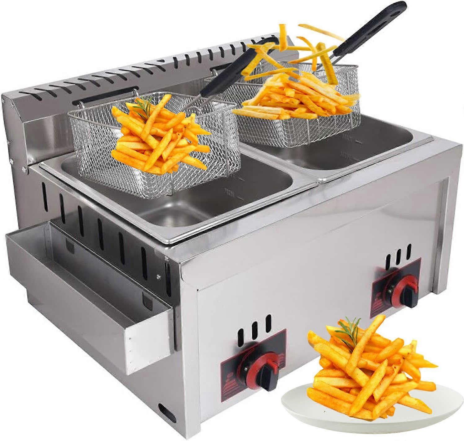 Versatile Stainless Steel LPG Fryer with Large Capacity, Adjustable Firepower, Includes Baskets and Lids for Home and Commercial Use