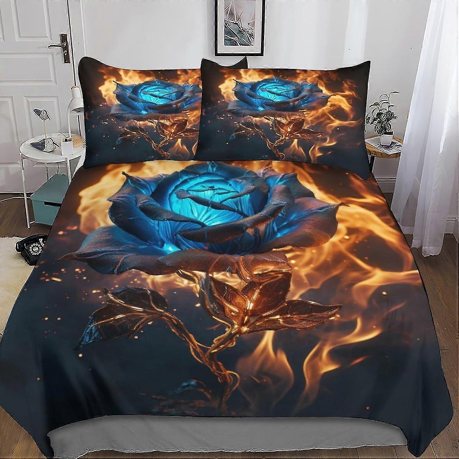 Conjunto de Edredom Flame Rose Roupa de Cama, Conjunto de 3 Peças Capa de Edredom Fácil de Cuidar, Capa de Colcha True Love Fronhas com Fecho de Zíper Microfibra Macia