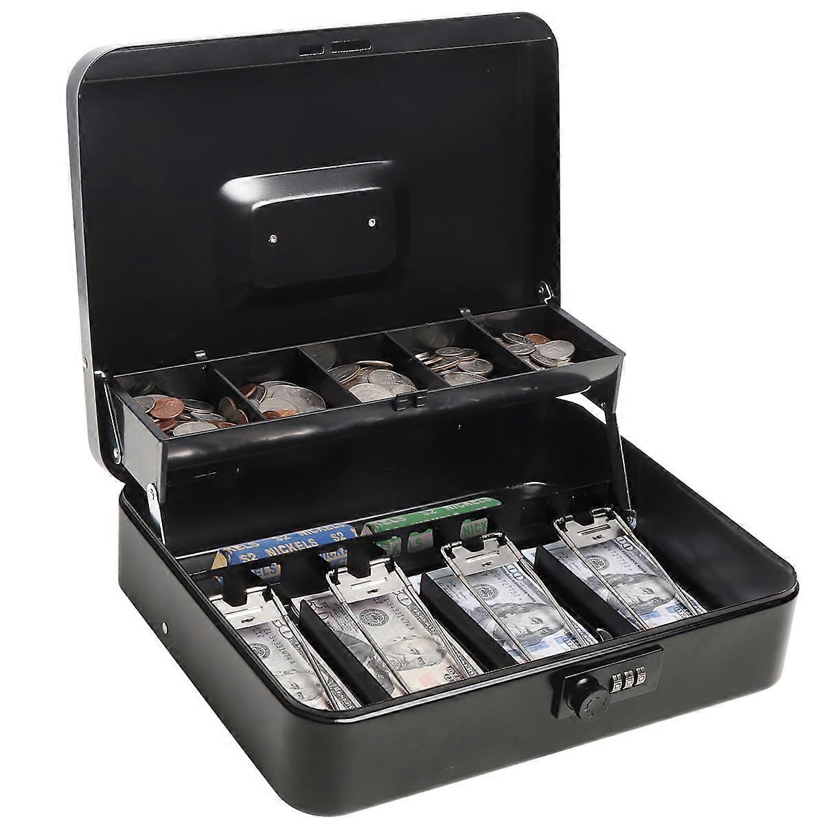 Cash Box with Money Tray and Combination Lock, Large Black Money Box 11.8" x 9.4" x 3.5" with 5 Coin Compartments and 4 Bill Clips