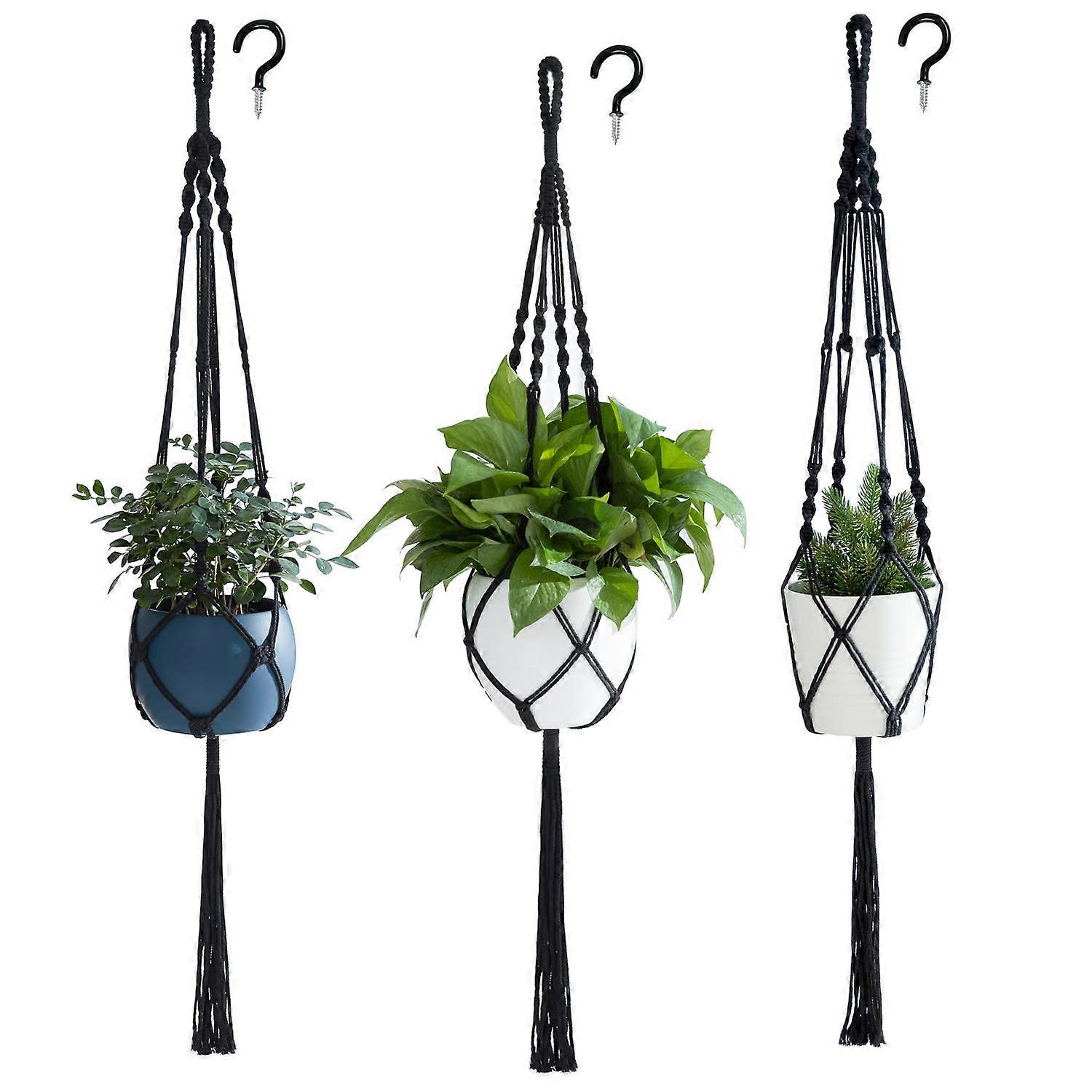 Macrame Plant Hangers 3 Pack Black Cotton Rope Indoor Pot Holders 39 Inch with Ceiling Hook and 4 Legs