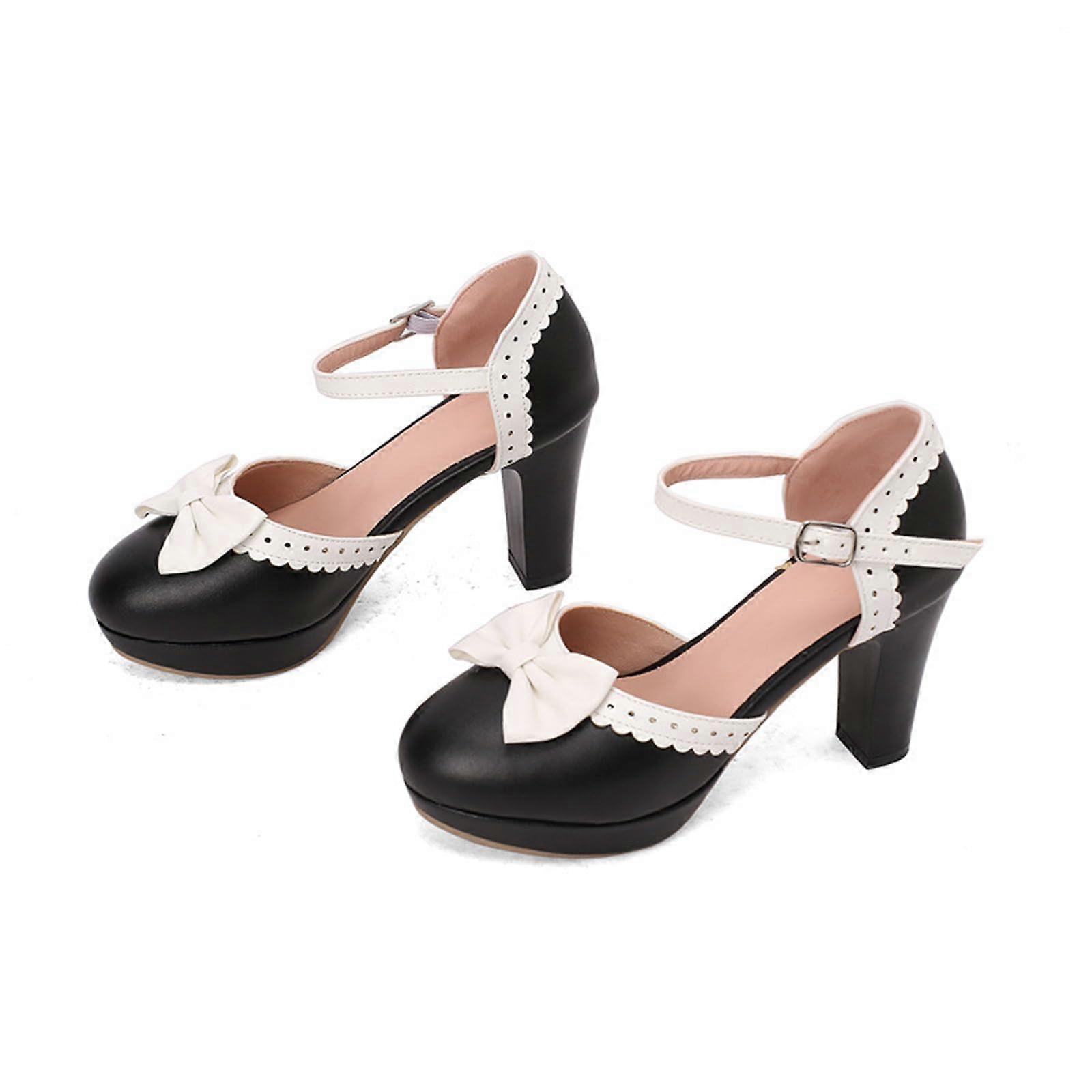 9 cm Sweet Bow High Heels Women's Closed Toe Sandals with Thick Chunky Heels Size 41 EU Black