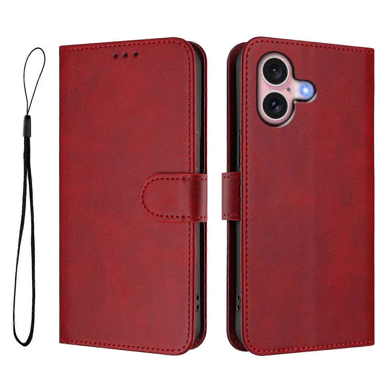For iPhone 16 Wallet Case RFID Blocking Calf Texture Leather Stand Phone Cover with Strap - Wine Red