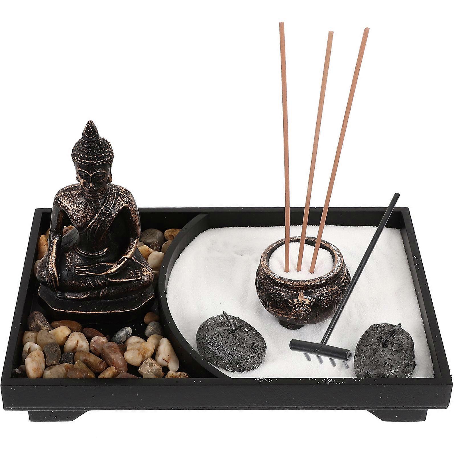 Zen Garden Decorative Buddha Statue with Incense Holder and Candle Stand for Black wood and resin 1 set