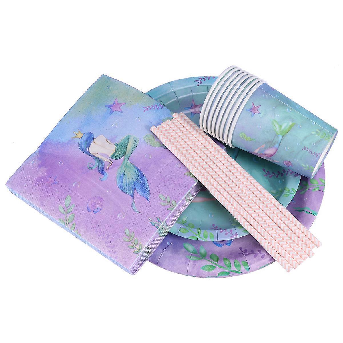Paper Plates And Cups Mermaid Printing Round Shape Elegant Design Party Organizers 69Pcs