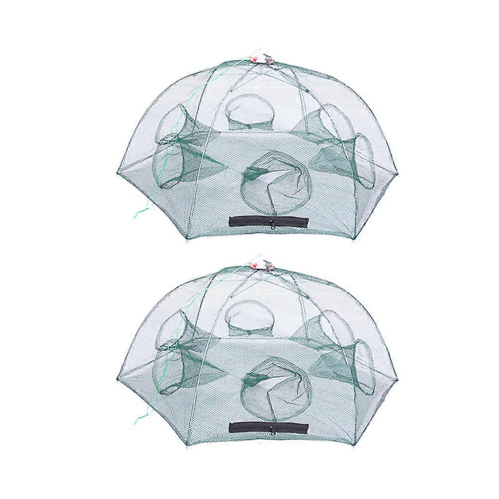 2pcs Foldable Crab Net Trap Cast Dip Cage Fishing Net for Fish Minnow Crawfish Shrimp Umbrella Design (Six Entrance)