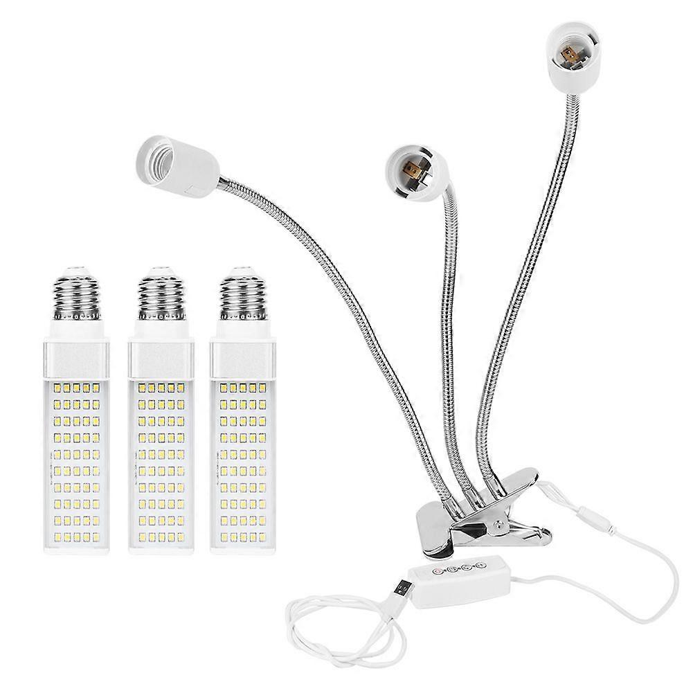 Lampe de croissance LED E27 pour plantes d'intérieur, 3 têtes, 75 W, USB, spectre complet, col de cygne, lumière jaune