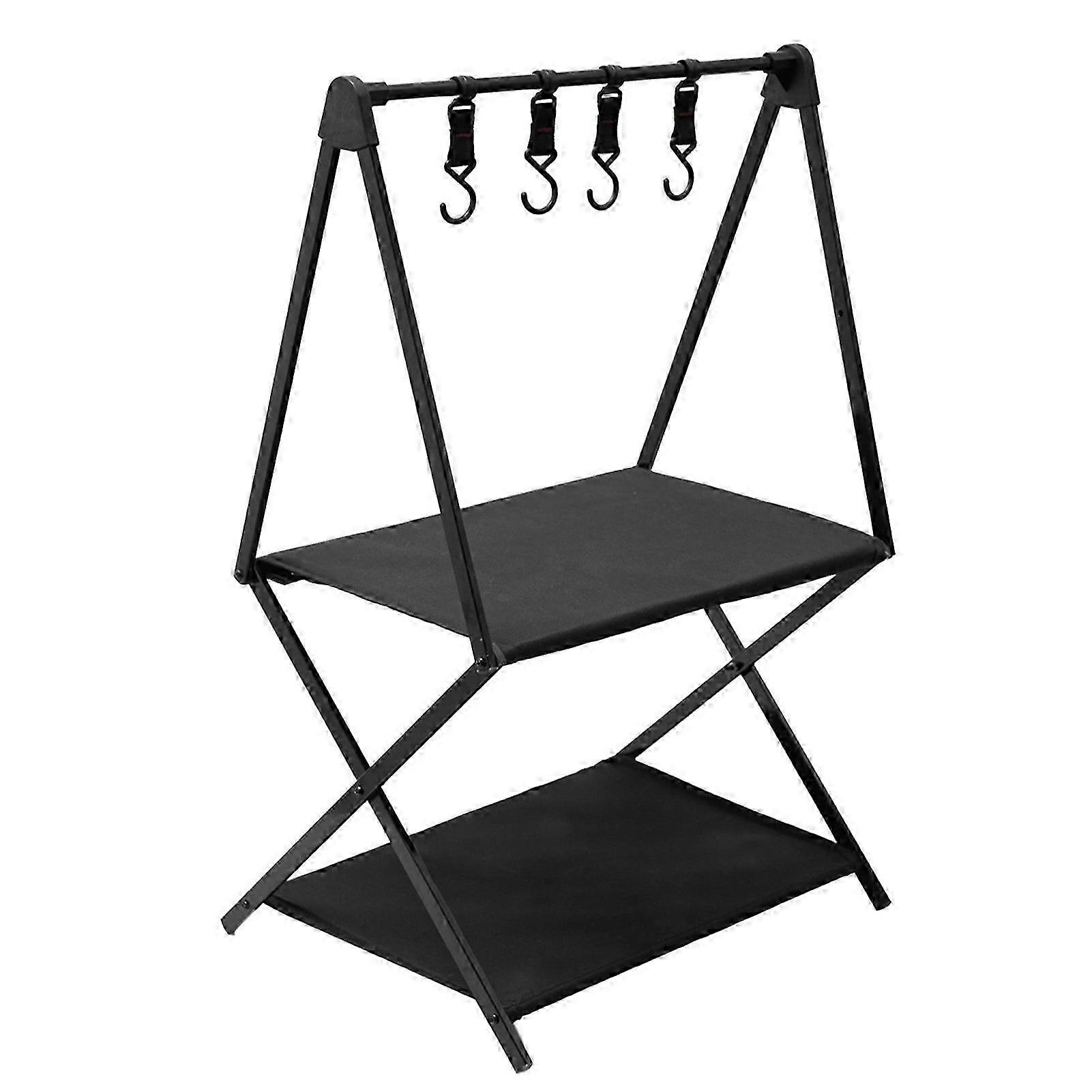 Outdoor Camping Storage Rack Portable Folding Aluminium Alloy Double-Layer Black Shelf with Hanging Hooks Lightweight Sturdy Design for Organising Ess
