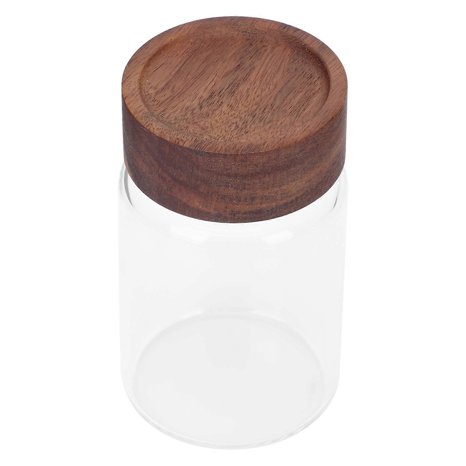 Brown Glass Food Storage Container with Wooden Lid for Storing Tea Nuts and Grains 1pc