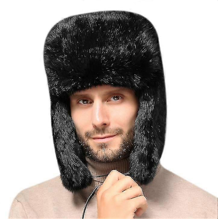Rabbit Fur Russian Winter Trapper Hat with Ear Flaps for Men