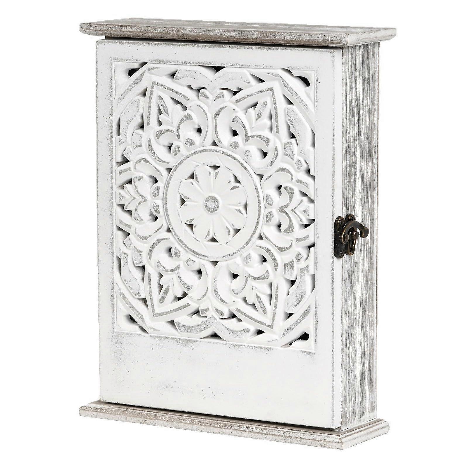 Wooden Key Cabinet Wall Mounted Organizer with 6 Hooks, Rustic Vintage Floral Pattern for Entryway Storage Rack