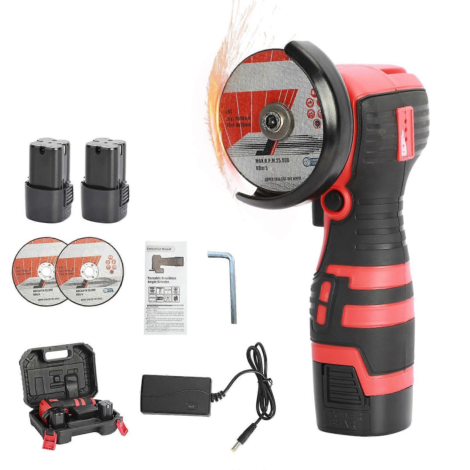 Mini 18V 550W Brushless Cordless Angle Grinder with Batteries, Diamond Cutting Wheel, Polishing Sheet, Red Portable Tool