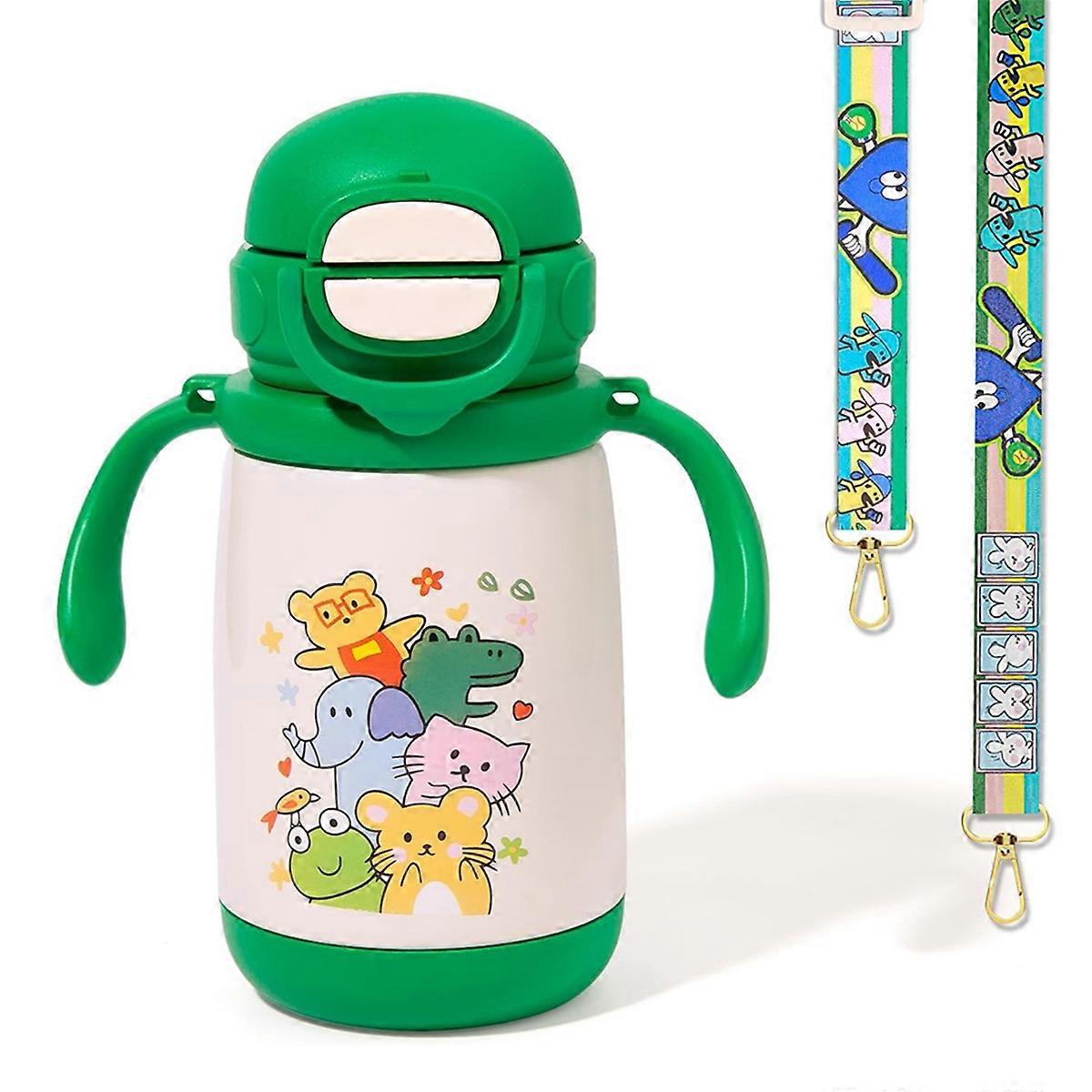 13oz Kids Insulated Water Bottle,Straw & Spout Lid, with Shoulder Strap and Handle, 316 Stainless St
