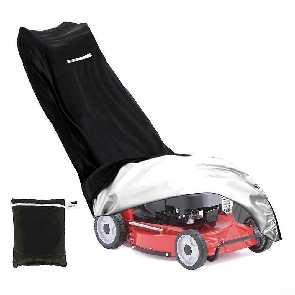Lawn Mower Cover Waterproof 210D Polyester Black with Windproof Buckles, Drawstring Storage Bag and Reflective Strip 195x108x66cm