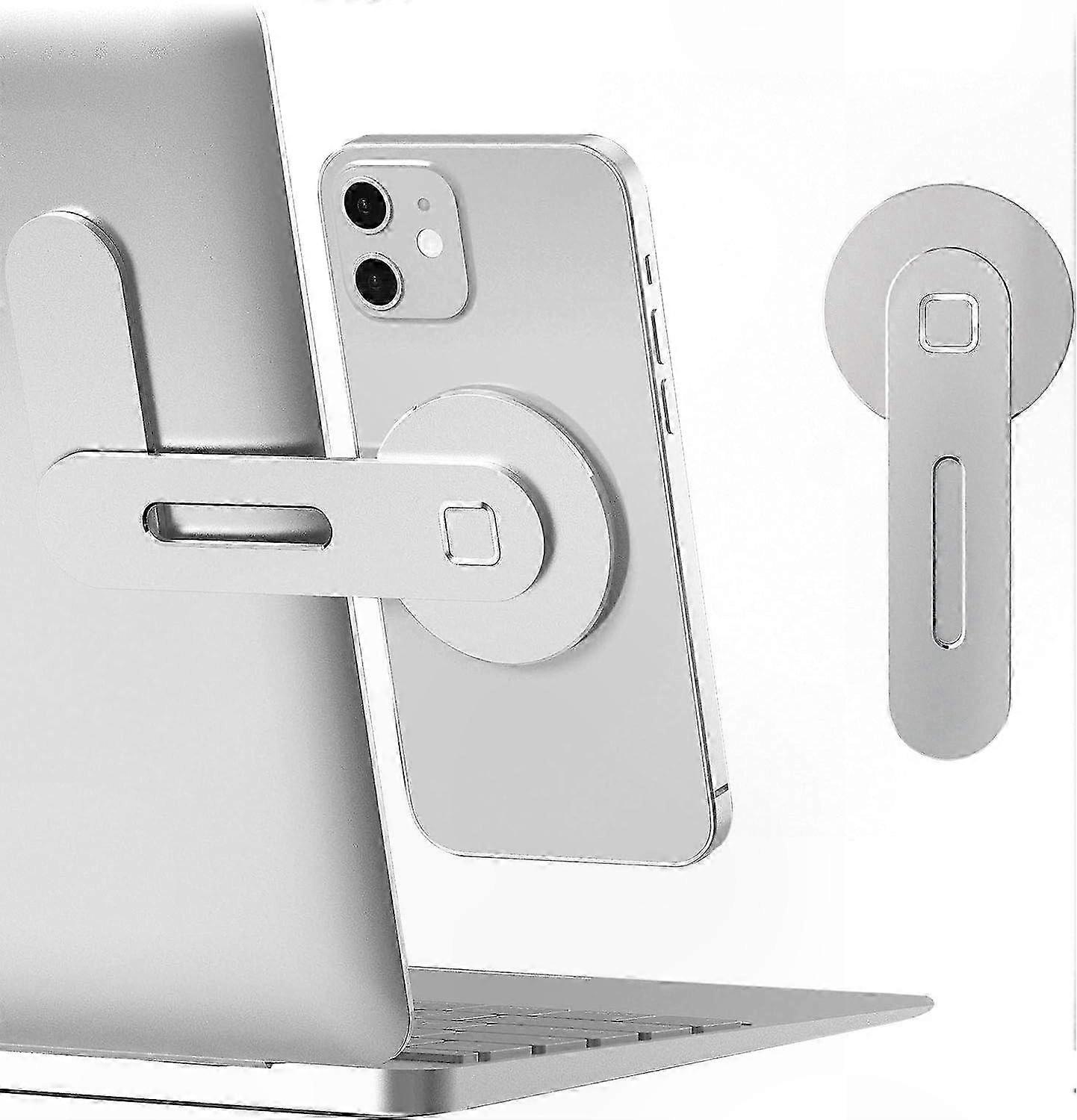 Silver Portable Laptop Stand with Foldable Design and Magnetic Phone Mount