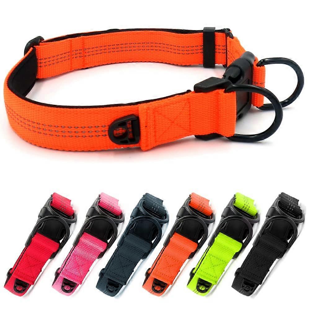 Adjustable Dog Collar Reflective Nylon Neoprene With Separate ID Ring And Double D Ring Medium Orange (M) Pack Of 1