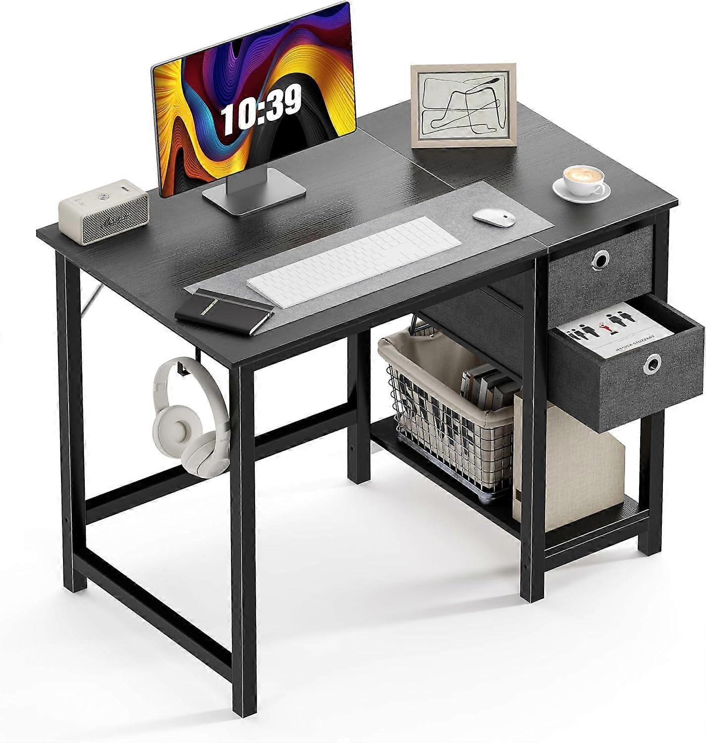40 Inch Computer Desk Compatible with Home Office, 2-Tier Drawers, Gaming Table with Storage Shelf and Headphone Hook, Black Wood, Modern Simple