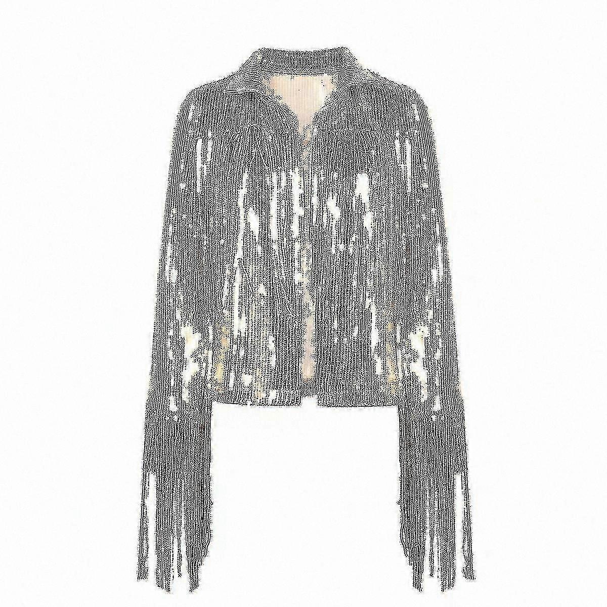 Women's Sparkling Sequin Jacket with Tassel Trim and Cardigan Design